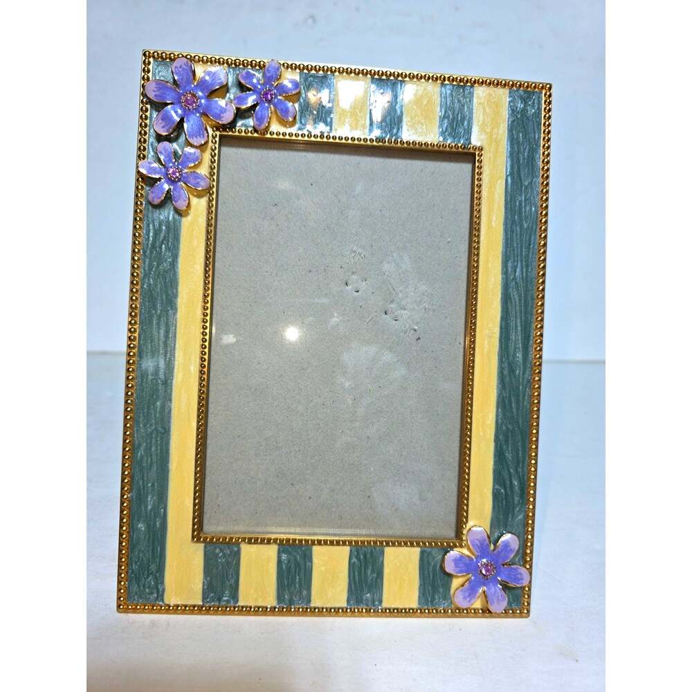 Vtg RUSS Enamel Flower and Rhinestone Hold Tone Picture Frame 4''x6''